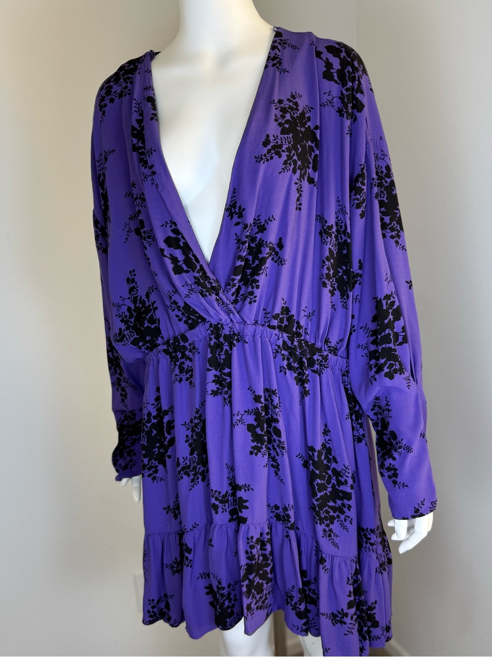 Zara Purple Dress with Black Floral Print, Long Sleeve